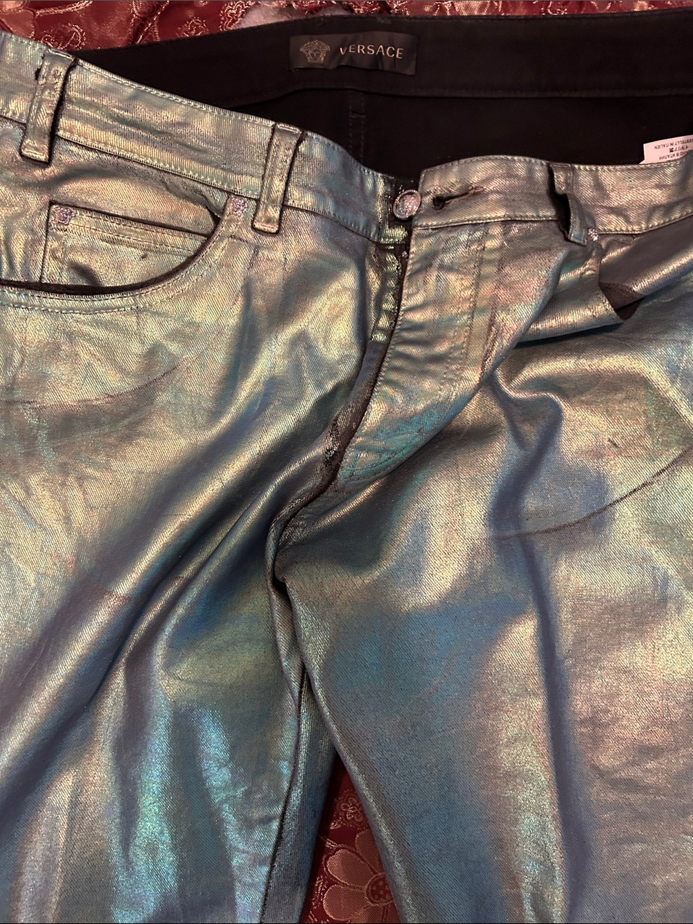Versace Iridescent Teal Metallic Jeans
